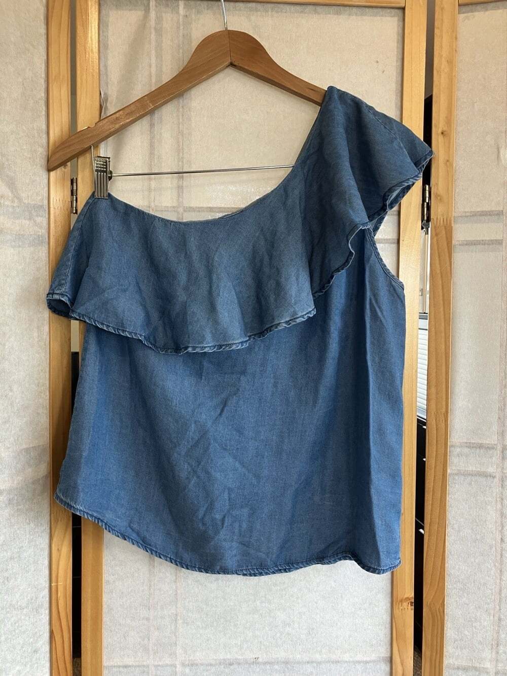 Chambray One Shoulder Light Blue Denim Blouse Small Ruffle Boho Hippie